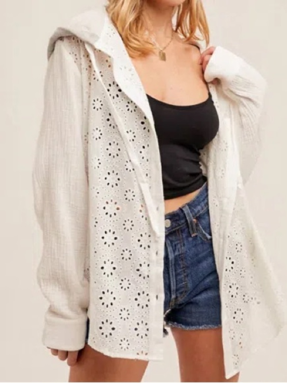 Hem & Thread White Eyelet Hooded Shirt Jacket
